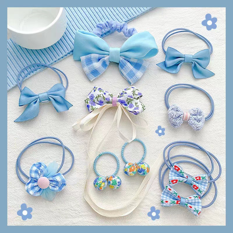 Fashion Blue Bow Ten-piece Set Fabric Bow Flower Childrens Hair Rope Set
