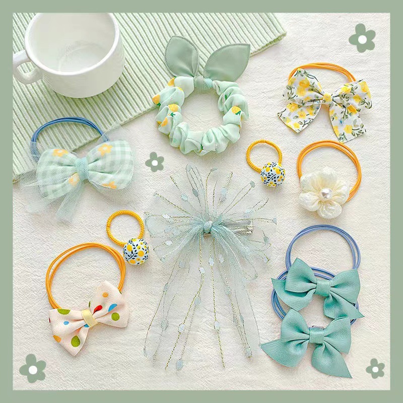 Fashion Green Bow Ten-piece Set Fabric Bow Flower Childrens Hair Rope Set