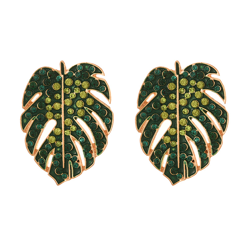 Fashion Green Alloy Diamond Leaf Stud Earrings
