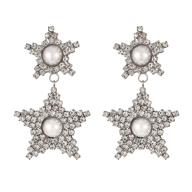 Fashion Silver Alloy Diamond Pearl Pentagram Earrings