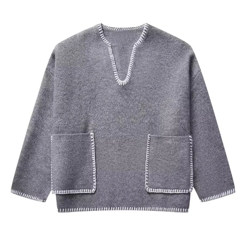 Fashion Grey Polyester Contrast Topstitch Knit Sweater