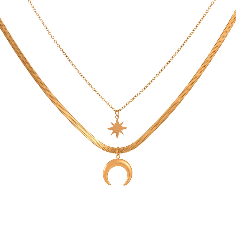 Fashion Gold Double Layer Titanium Steel Crescent Star Pendant Snake Bone Chain Necklace