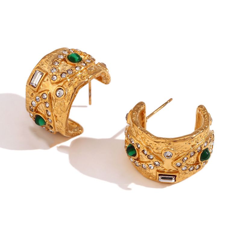 Fashion Malachite Eyes Hammered Rhinestone C-shape Earrings - Gold Stainless Steel Diamond Eye C-shaped Earrings