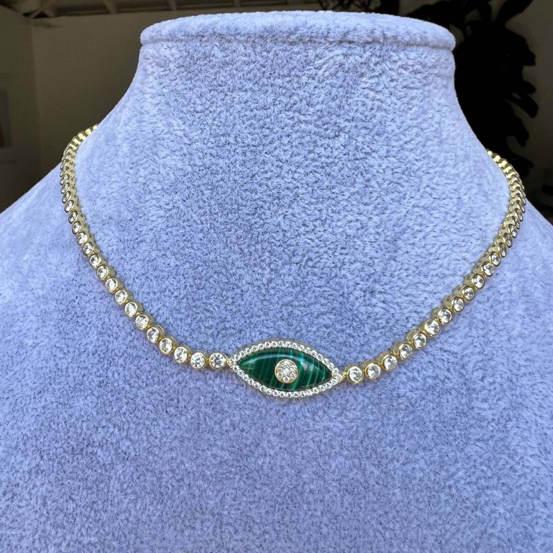 Fashion Zircon Green Shell Titanium Steel Diamond Eye Necklace