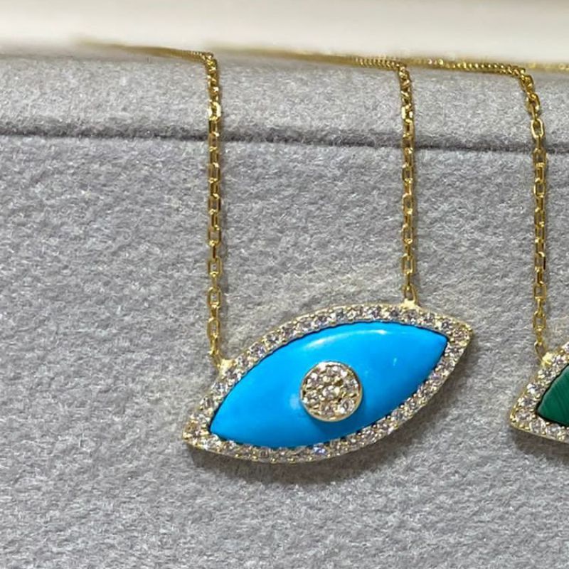Fashion Blue Turquoise Titanium Steel Diamond Eye Necklace