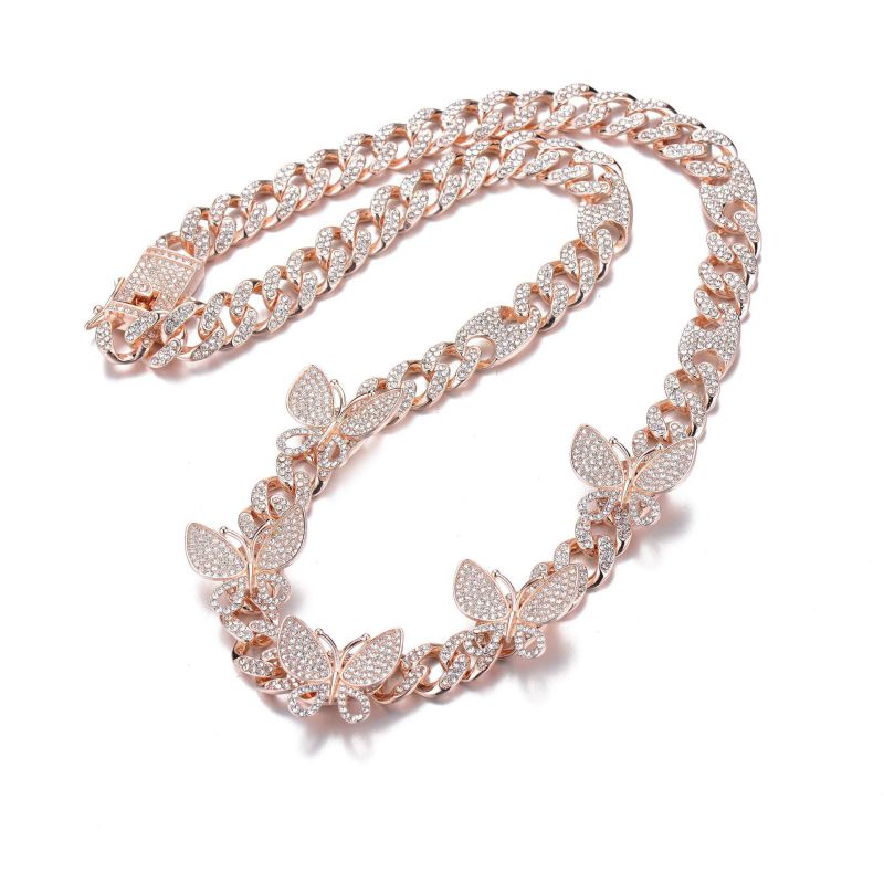 Fashion Rose Gold Necklace 18 Inches Alloy Diamond Butterfly Necklace