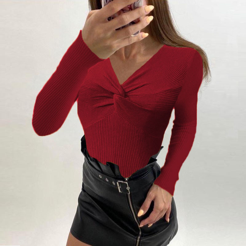 Fashion Claret Polyester Cross V-neck Knitted Sweater Base Layer