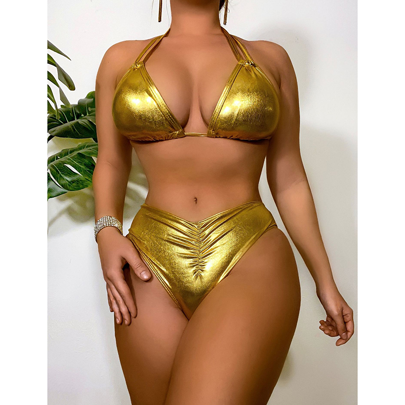 Fashion Gold Polyester Halter Neck Tankini Swimsuit Bikini