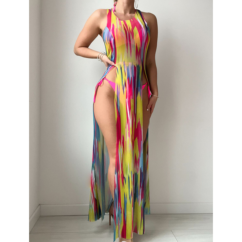 Fashion Color Polyester Halterneck Tankini Swimsuit Bikini Cover-up Three-piece Set