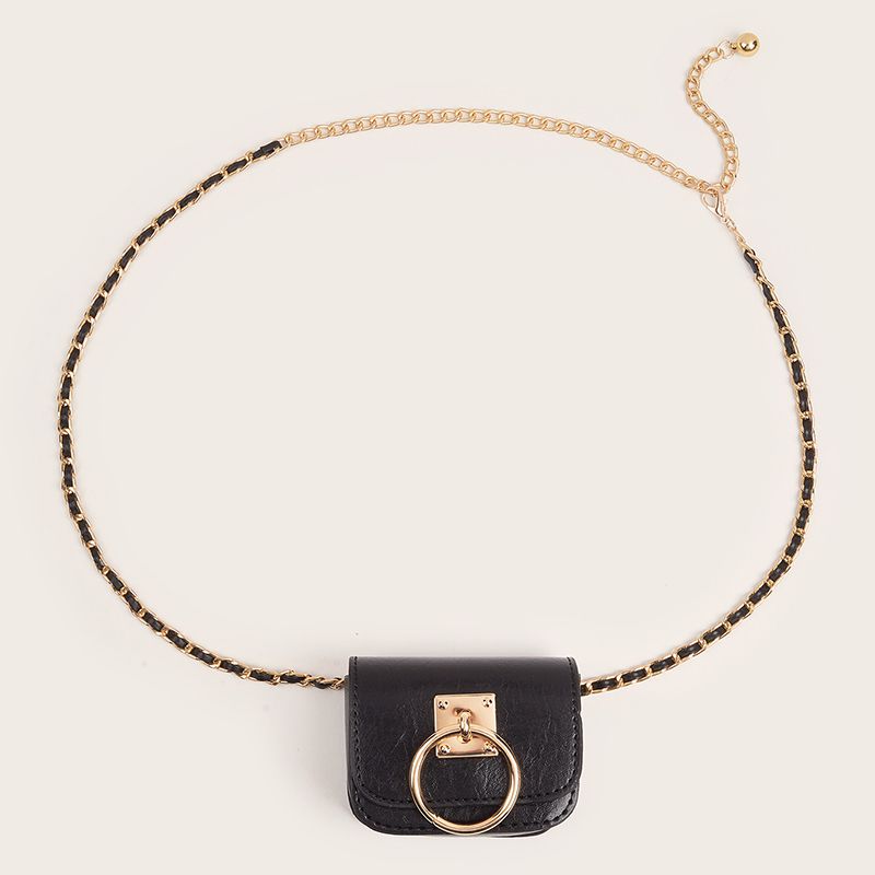 Fashion Rope Chain + Circle Bag (black) Leather Belt Bag Chain Waist Chain