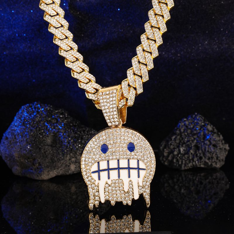 Fashion Golden Ice Face Expression Necklace Pendant +001 Cuban Chain 20inch Alloy Diamond Expression Mens Necklace