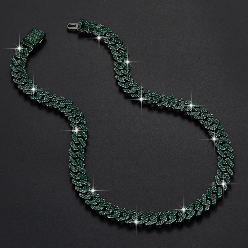 Fashion Necklace 24inch (60cm) Gun Black Green Diamond Bar Cuban Chain Geometric Diamond Chain Necklace For Men