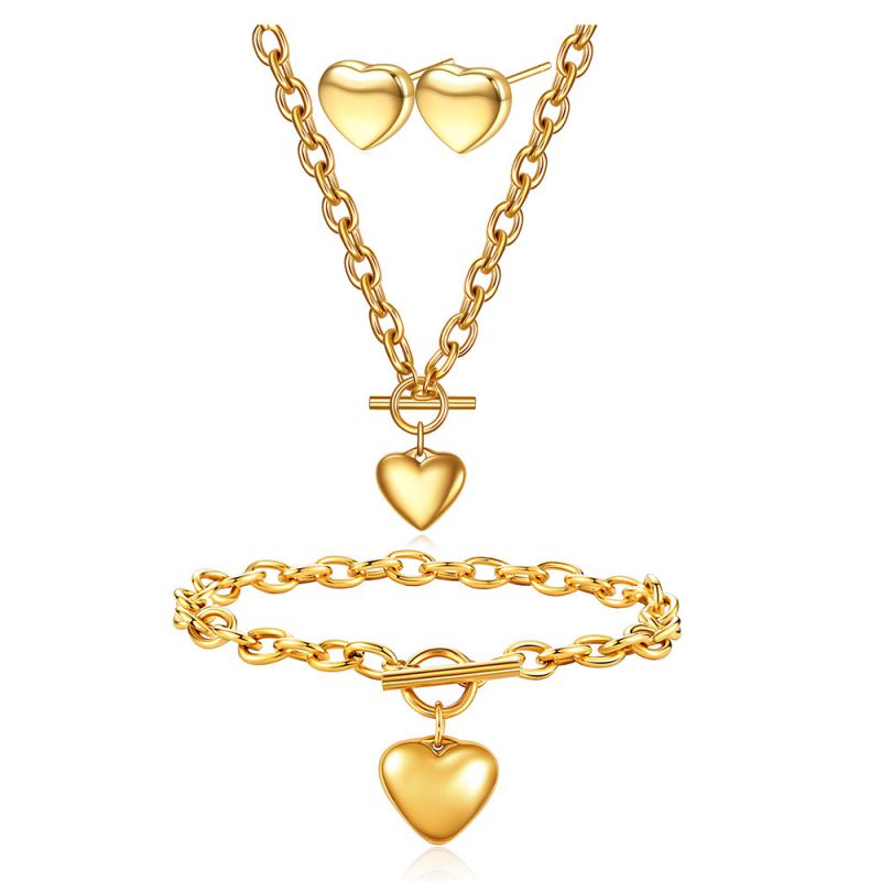 Fashion Golden Suit Stainless Steel Glossy Love Necklace Bracelet Earrings Set