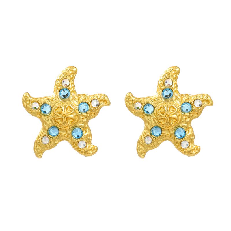 Fashion Blue Alloy Diamond Starfish Stud Earrings