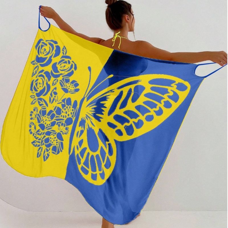 Fashion Yellow Blue Polyester Mesh Patchwork Printed Swimsuit Cover-up