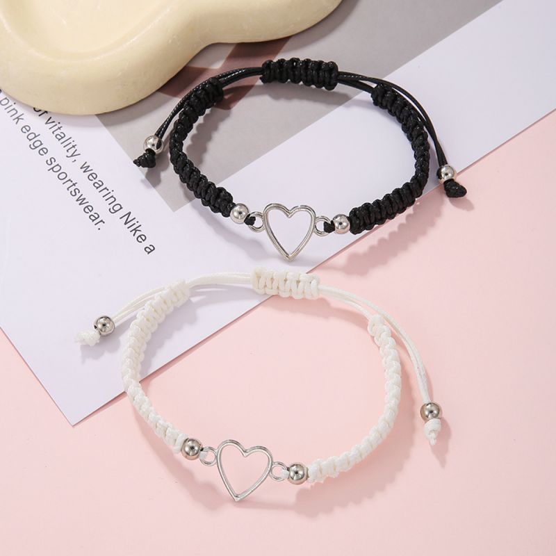 Fashion Black And White Alloy Hollow Love Cord Braided Bracelet Set