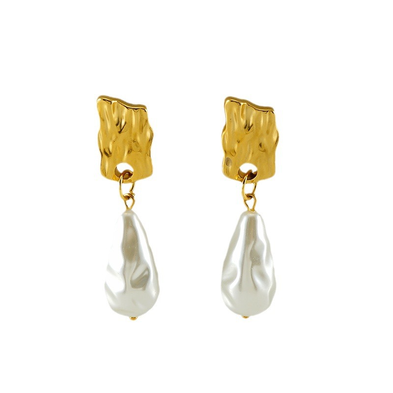 Fashion Gold Stainless Steel Irregular Pearl Earrings