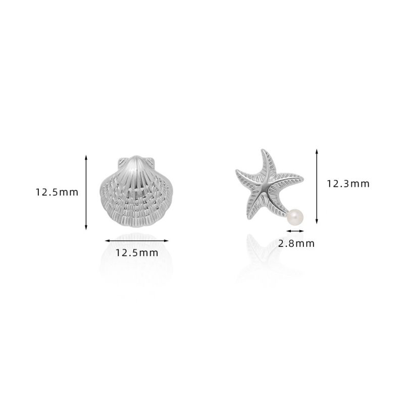 Fashion Silver Titanium Steel Geometric Shell Starfish Asymmetric Stud Earrings