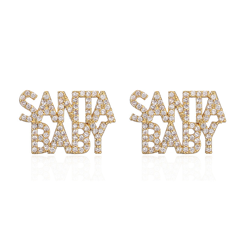 Fashion Gold And White Diamond Christmas Baby 1 Pair Copper Diamond Christmas Letter Stud Earrings