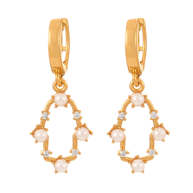 Fashion Golden 4 Copper Inlaid Zirconium Pearl Geometric Hoop Earrings
