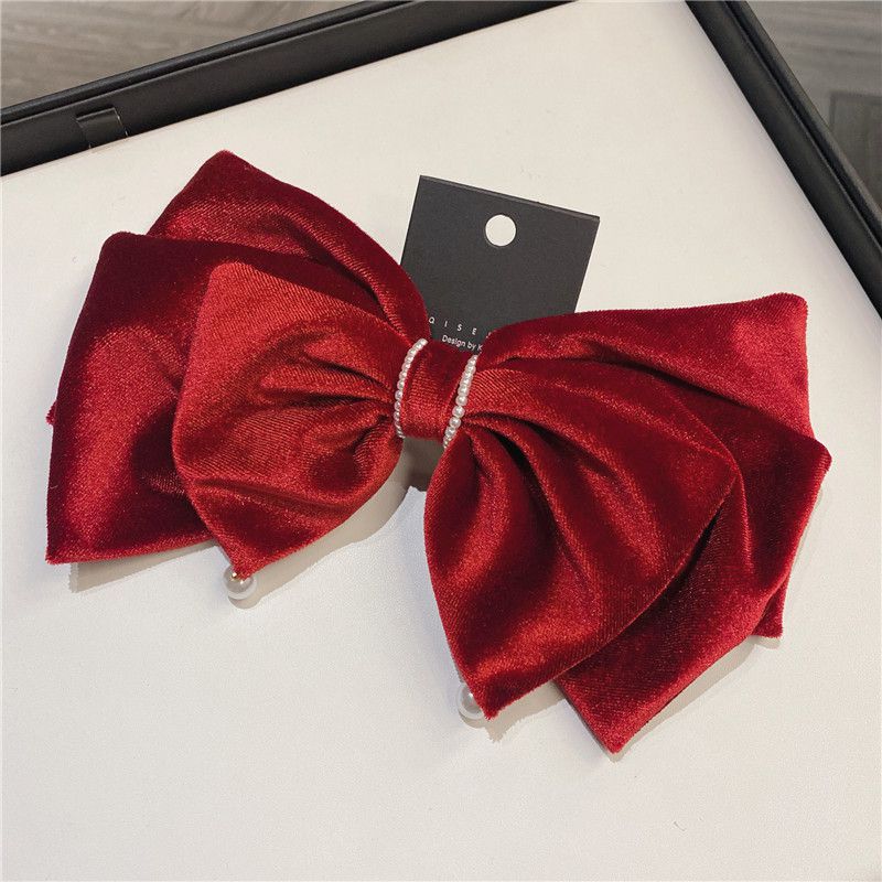 Fashion New Year Red Velvet Pearl Bow Hairpin