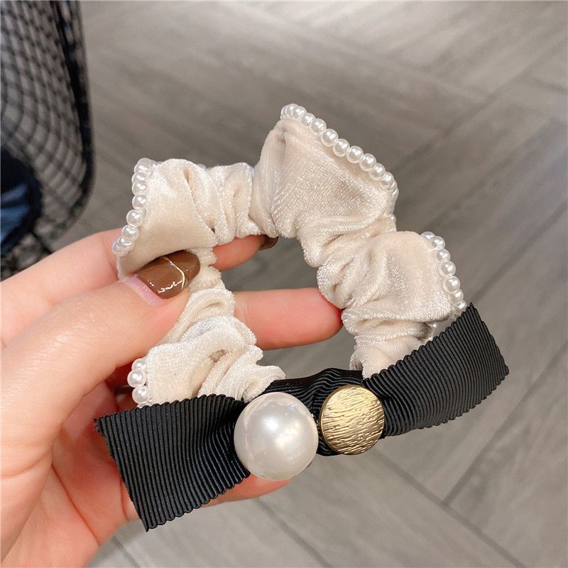 Fashion Apricot Fabric Beaded Bow Pleated Velvet Hair Rope