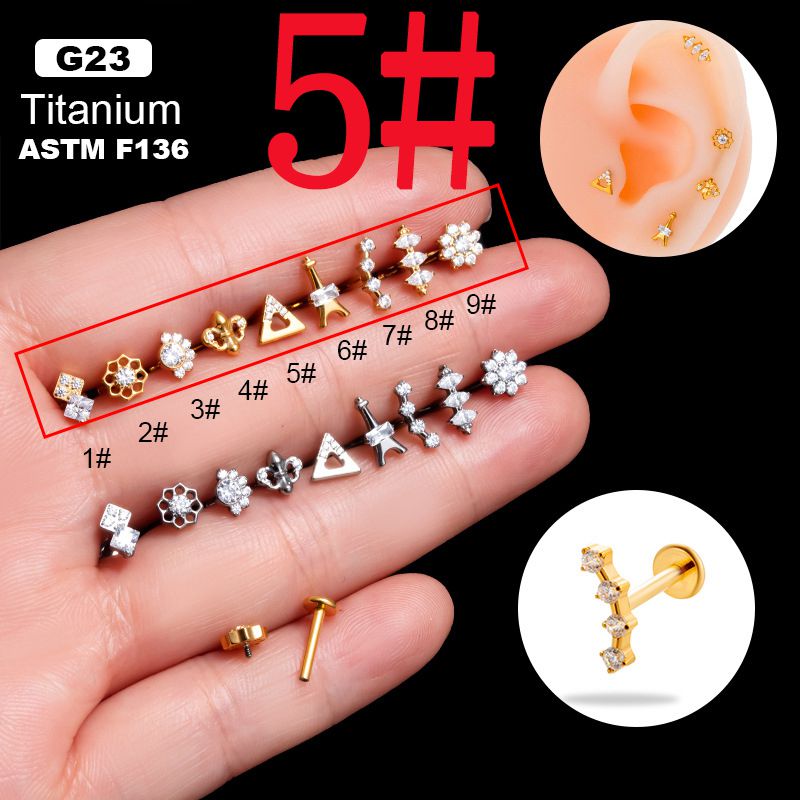 Fashion Gold 5# Titanium Steel Diamond-encrusted Geometric Piercing Lip Nail