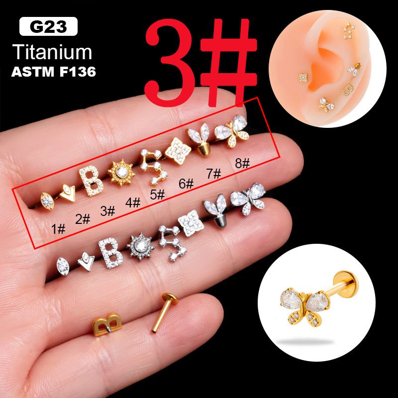 Fashion Gold 3# Titanium Steel Diamond-encrusted Geometric Piercing Lip Nail