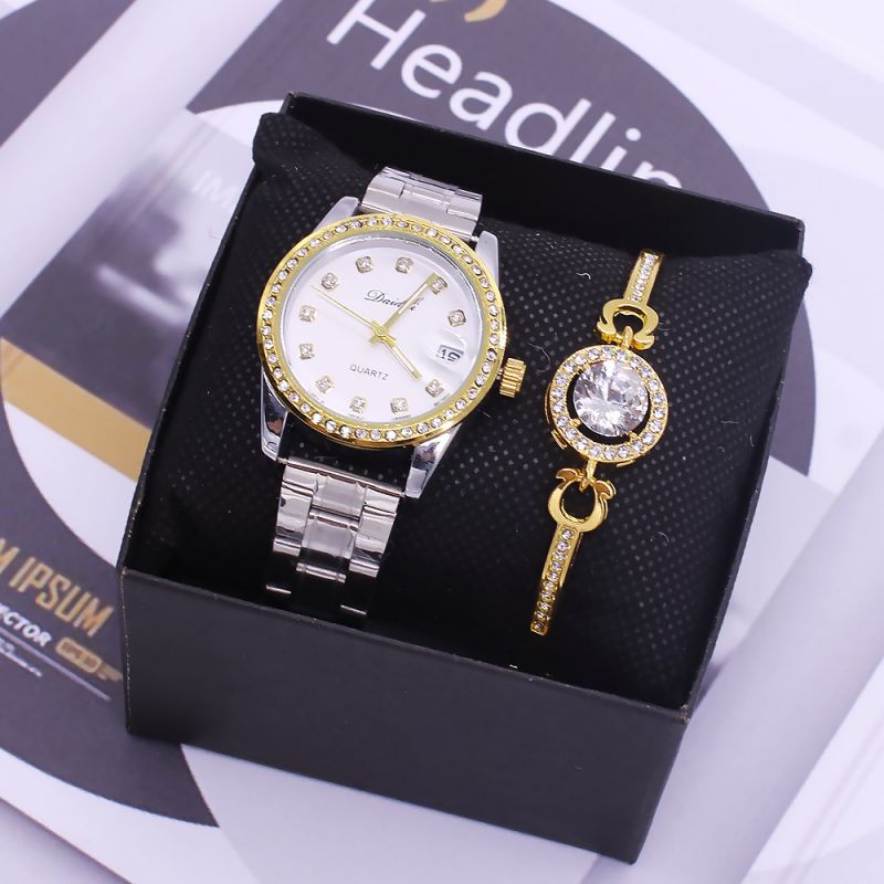 Fashion White Faced Womens Watch+bracelet+box Stainless Steel Round Dial Mens Watch + Round Diamond Bracelet