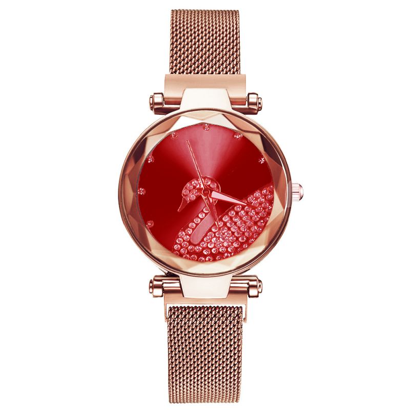 Fashion Red Stainless Steel Diamond Round Dial Watch
