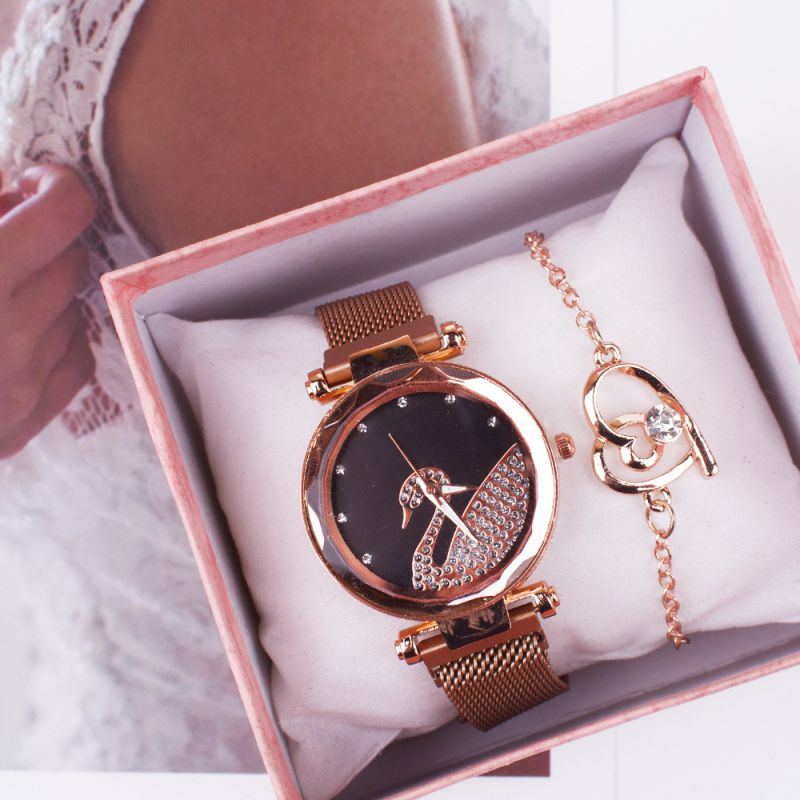 Fashion Black Watch+bracelet+box Stainless Steel Diamond Round Dial Watch + Love Bracelet