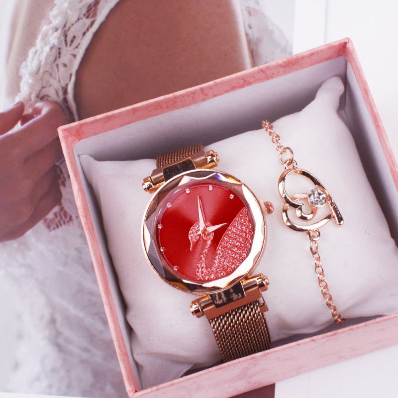 Fashion Red Watch+bracelet+box Stainless Steel Diamond Round Dial Watch + Love Bracelet
