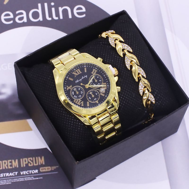 Fashion Black Face Women’s Watch+gold Leaf Bracelet+box Stainless Steel Round Dial Watch + Gold Leaf Bracelet