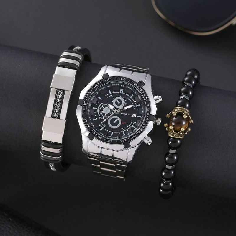 Fashion Silver Watch + 2 Bracelets Stainless Steel Round Dial Mens Watch + Bracelet Bracelet Set