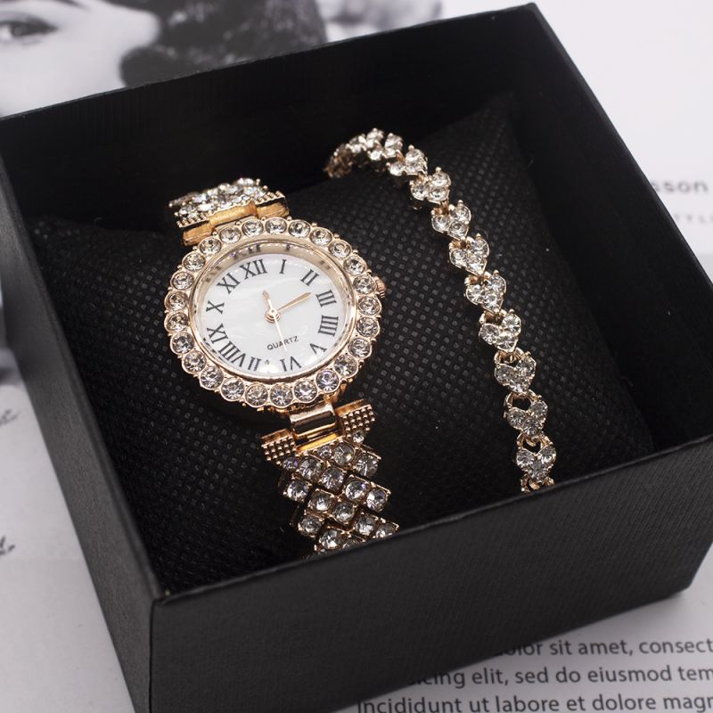 Fashion Rose Gold Watch + Rose Gold Bracelet + Box Stainless Steel Round Dial Watch + Bracelet Set