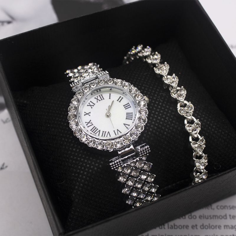 Fashion Silver Watch+silver Bracelet+box Stainless Steel Round Dial Watch + Bracelet Set