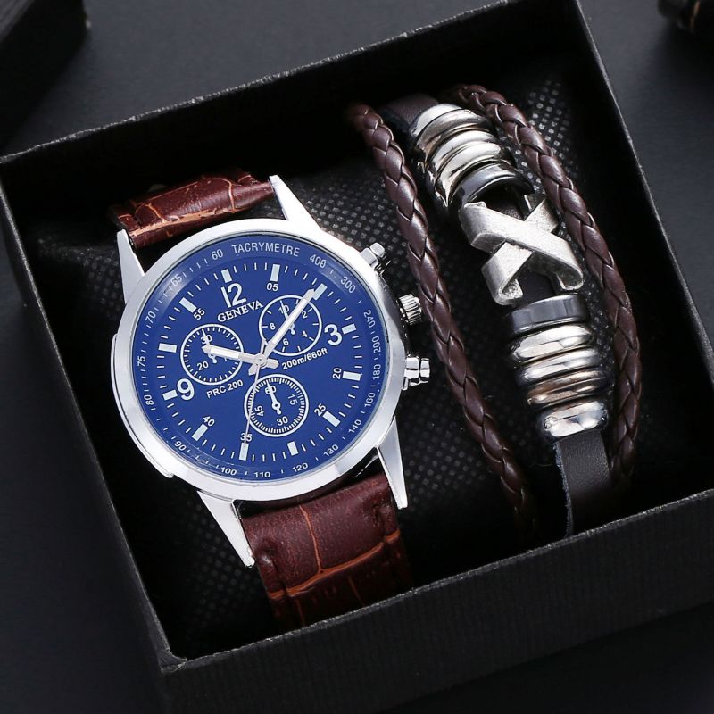 Fashion Black Plate And Brown Belt+x Bracelet+box Stainless Steel Round Dial Mens Watch + Leather Bracelet