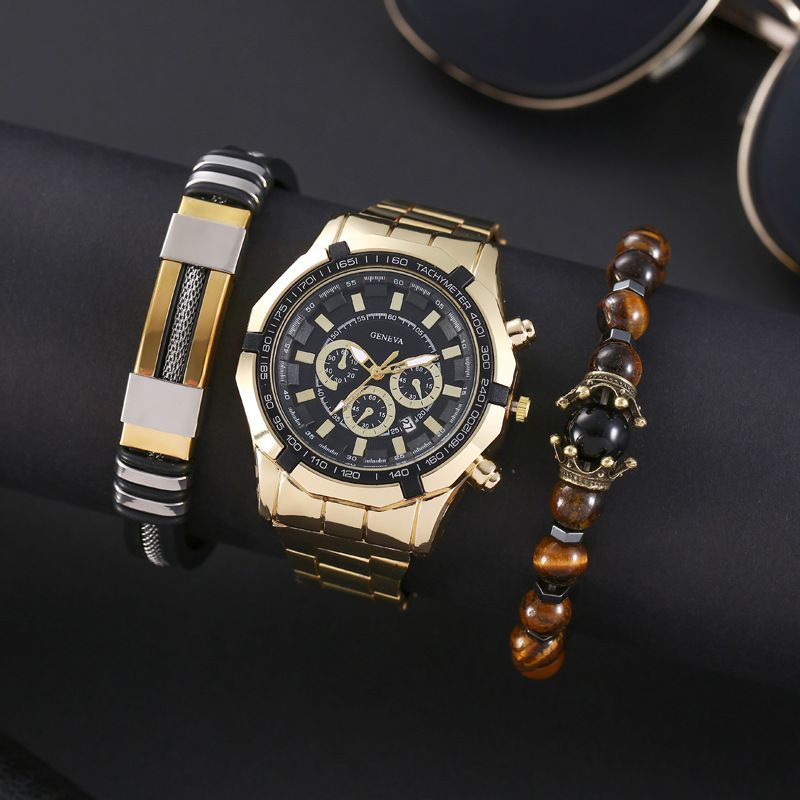 Fashion Gold Watch + 2 Bracelets Stainless Steel Round Dial Mens Watch + Bracelet Set