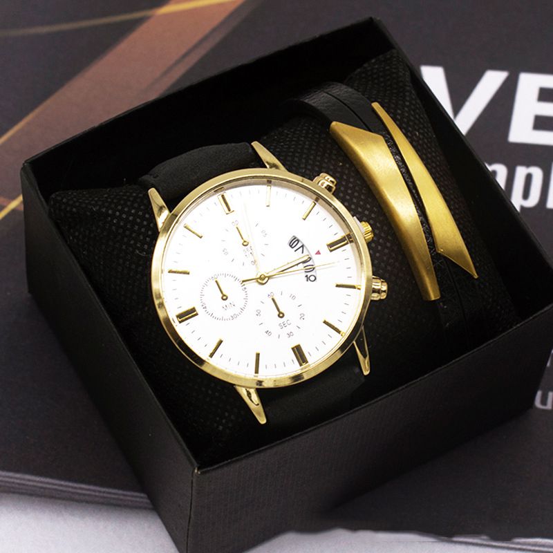 Fashion Gold Case White Face Watch + Engraved Bracelet + Box Stainless Steel Round Dial Mens Watch + Engraved Bracelet