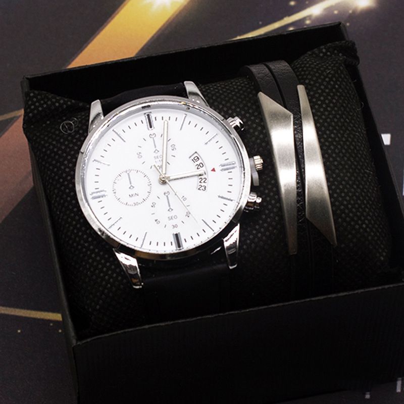 Fashion Silver Case White Watch + Engraved Bracelet + Box Stainless Steel Round Dial Mens Watch + Engraved Bracelet