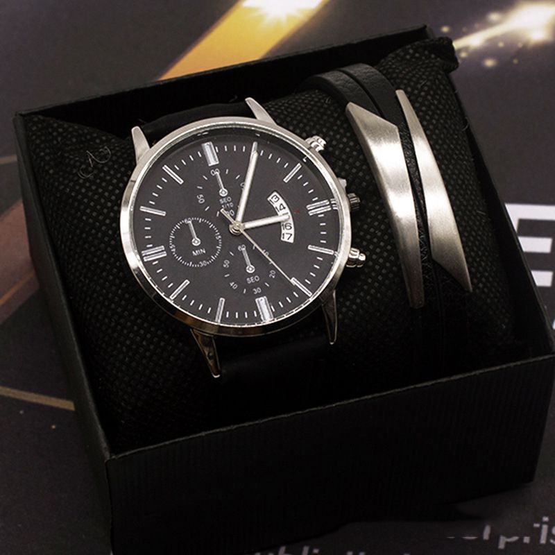 Fashion Silver Case Black Watch + Engraved Bracelet + Box Stainless Steel Round Dial Mens Watch + Engraved Bracelet