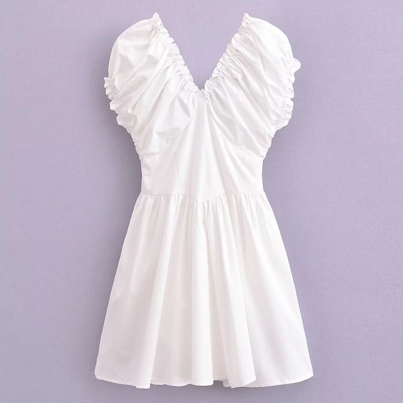 Fashion White Cotton Pleated V-neck Skirt