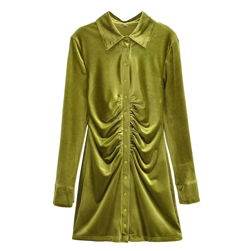 Fashion Green Cotton Velvet Lapel Smocked Skirt