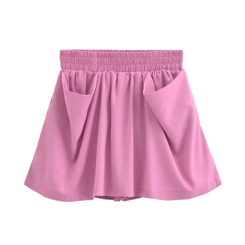 Fashion Pink Cotton Pleated Double-pocket Shorts