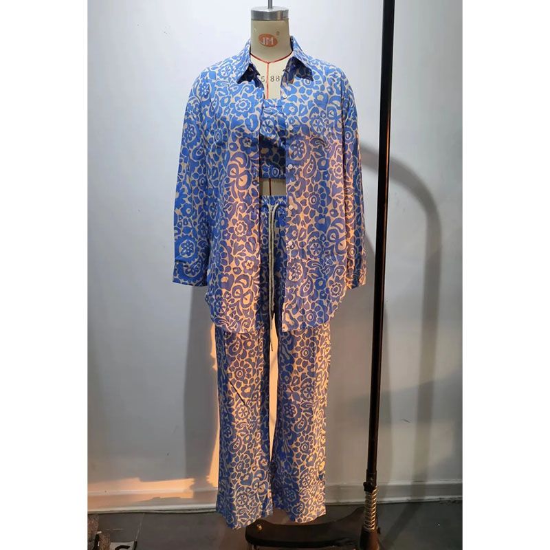 Fashion Blue Cotton Printed Vest Lapel Shirt And Trouser Suit