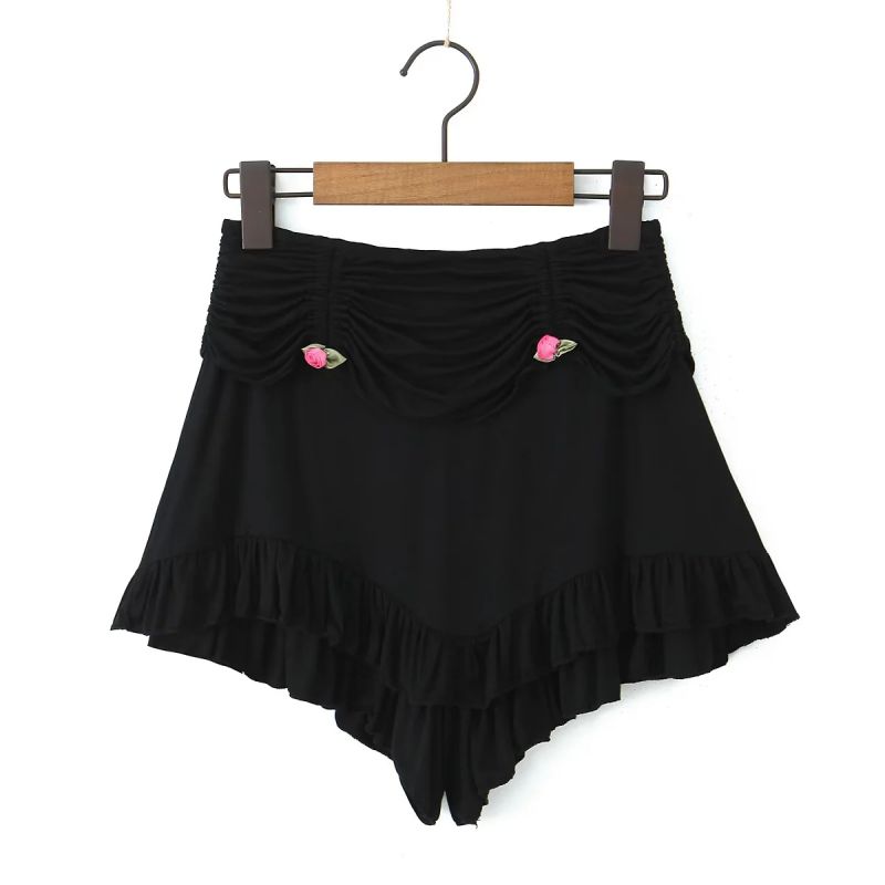 Fashion Black Cotton Lace Pleated Shorts