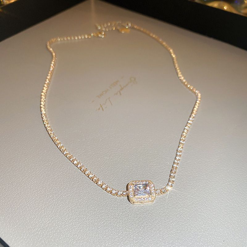 Fashion Necklace - Gold Copper Diamond Square Necklace