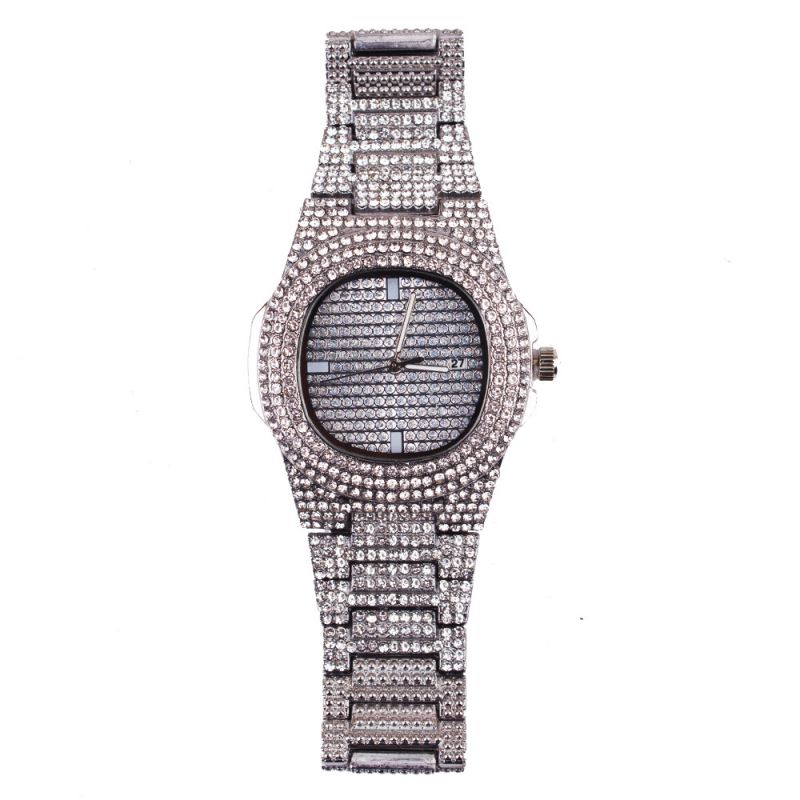 Fashion Silver Watch Stainless Steel Diamond Round Dial Watch