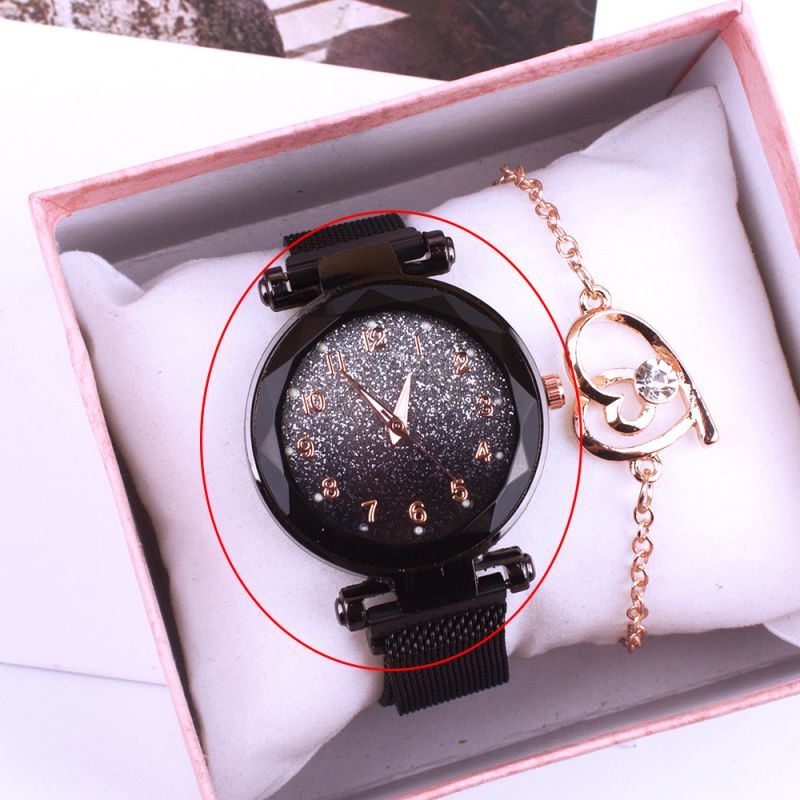 Fashion Black Watch Stainless Steel Diamond Round Dial Watch