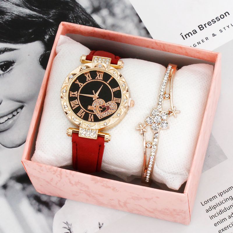 Fashion Red Watch+bracelet+gift Box Stainless Steel Round Dial Watch + Diamond Flower Bracelet Set